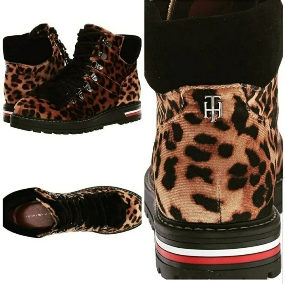 Tommy Hilfiger Icee Animal Print Velvet Boots Logo Womens Size 9.5 Cheetah Print